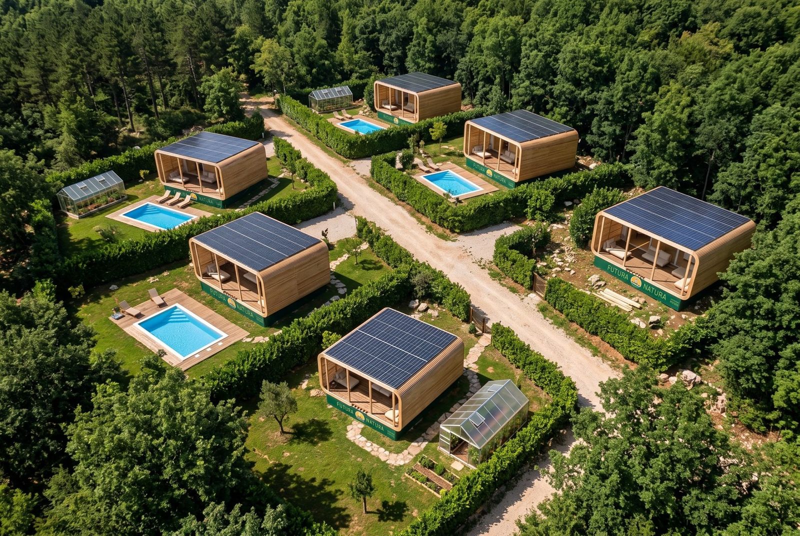 Eko kamp Futura Natura sa 6 kućica, svaka na vlastitoj parceli s bazenom i staklenikom